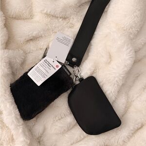 lululemon athletica Black Faux Fur Dual Pouch Wristlet with Black Strap